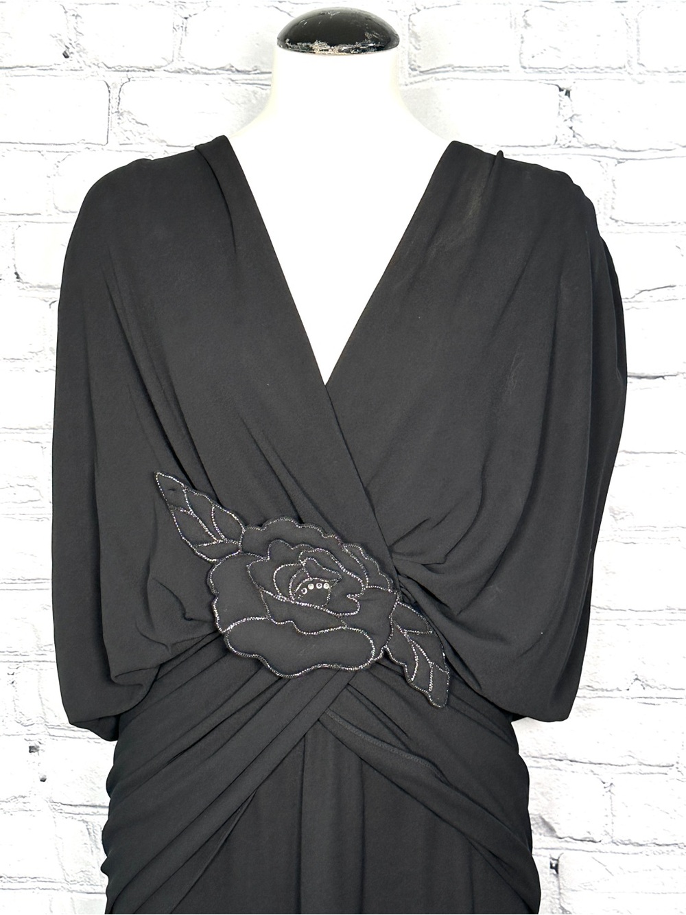 Vintage 80s Black Draped Ruched Disco Dress Rhinestone Floral Applique